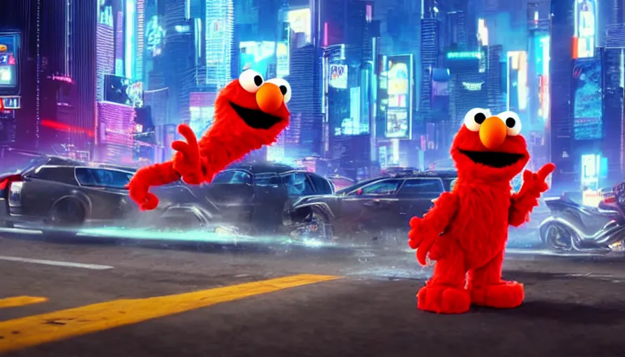 Image similar to elmo performs a drive - by shooting in cyberpunk night city