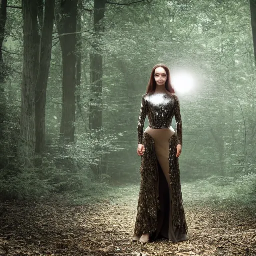 Prompt: portrait of silver armored mage, in a forest, long brown hair, woman, fashion pose, baroque renaissance. photo by philip - daniel ducasse and yasuhiro wakabayashi and jody rogac, telephoto, intricate, elegant, global illumination. vfx