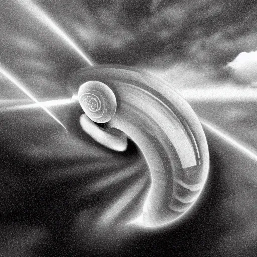 Prompt: a gian snail overlord being shinned by god rays covering the center surrounded by giant clouds surrounding the snail