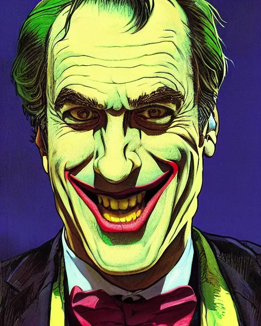 Image similar to portrait of saul goodman as the joker, colorful, art by makoto shinkai and peter elson, bernie wrightson