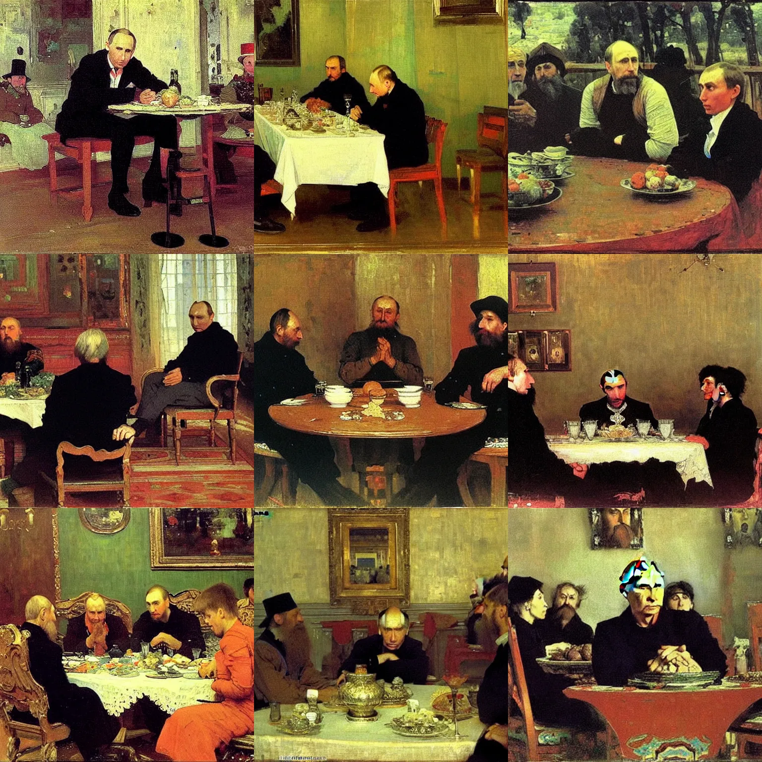 Prompt: vladimir putin sitting at the infinite table looking at peasants. painting by ilya repin and valentin serov and viktor vasnetsov tretiakov gallery