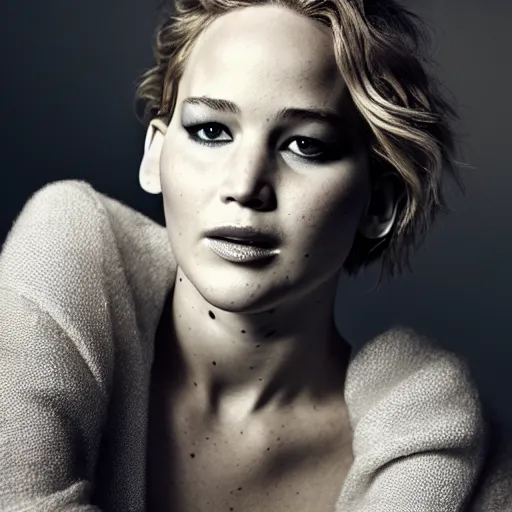 Prompt: jennifer lawrence still, natural light failling on her face, backlingtning, golden hour, fujifilm x - pro 2, by annie leibowitz