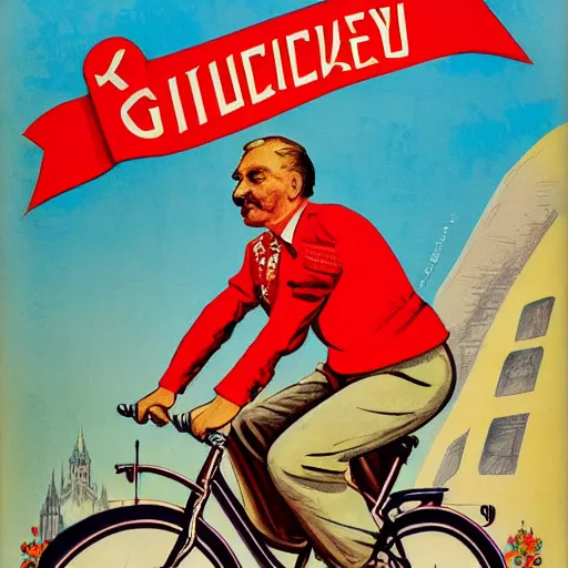 Prompt: portrait of mayor of budapest gergely karacsony riding a bicycle in summer shirt, soviet propaganda poster, hungarian flag in the background, colored, artgerm, highly detailed