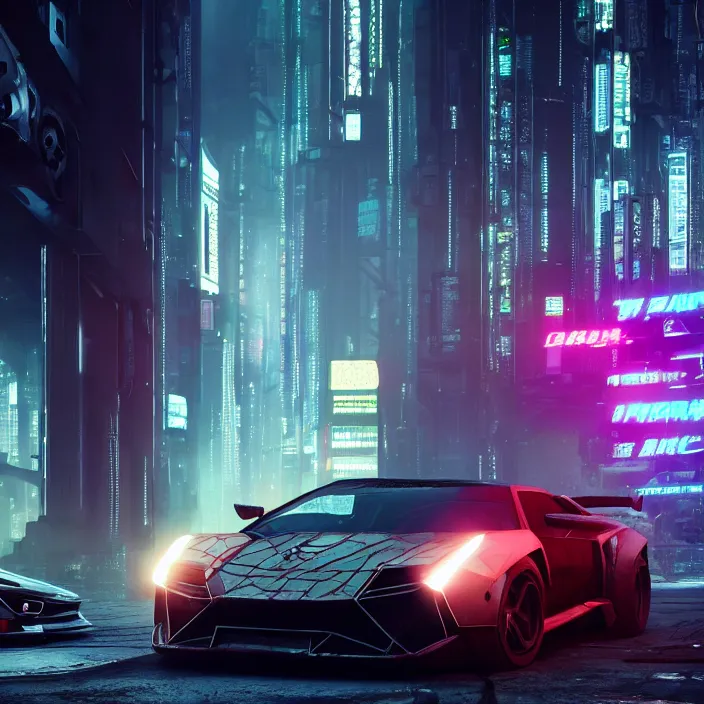 Prompt: cyberpunk car lamborgini counatch on the background of drak dirty style cyberpunk city in the syle by nicholas hiattcinematic, cinematic lighting, raytracing, 8 k, octane render, volumetric, vivid, beautiful, hyperrealism