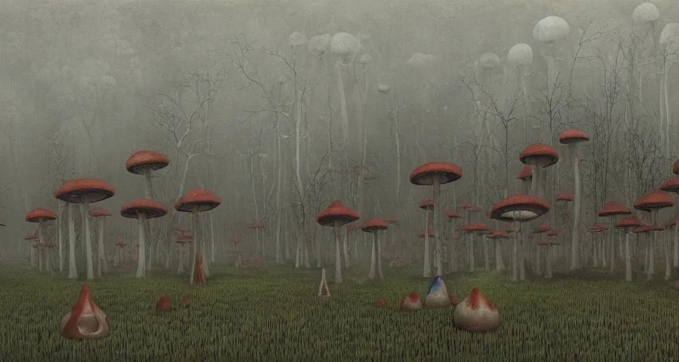 Image similar to A tribal village in a forest of giant mushrooms, by Zdzisław Beksiński