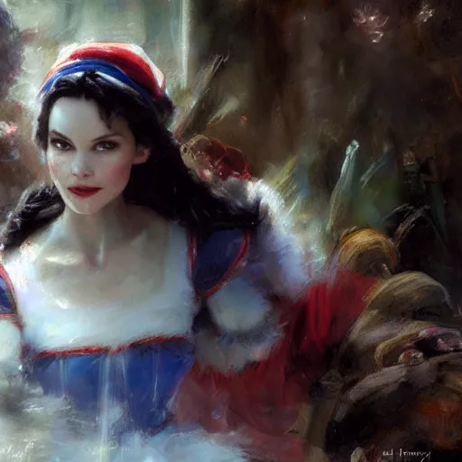 Image similar to close up of snow white and the 7 dwarfs, cinematographic shot, by daniel f. gerhartz