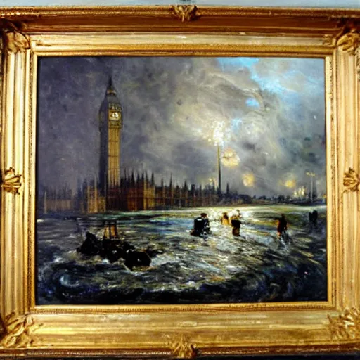 Image similar to London flooded underwater, traditional oil painting, detailed, painted by Constable