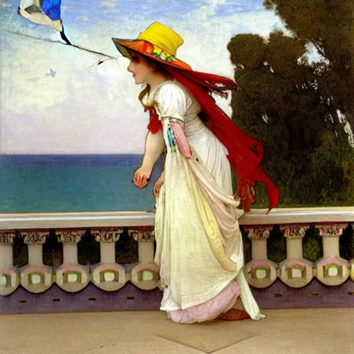 Image similar to A girl with jester hat and clothes on a greek archi circle on the front of a Balustrade with a beach and a sail boat on the background, major arcana clothes, by alphonse mucha and arnold böcklin arnold böcklin arnold böcklin, paul delaroche, hyperrealistic 8k, very detailed