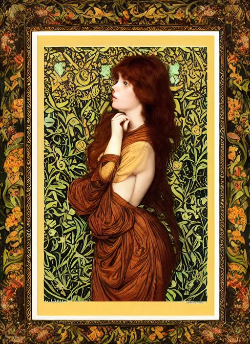 Image similar to masterpiece beautiful seductive flowing curves pose preraphaelite portrait photography, extreme closeup shot, straight bangs, thick set features, yellow ochre ornate medieval dress, amongst foliage mushroom forest arch, circle, william morris and kilian eng and mucha, framed, 4 k