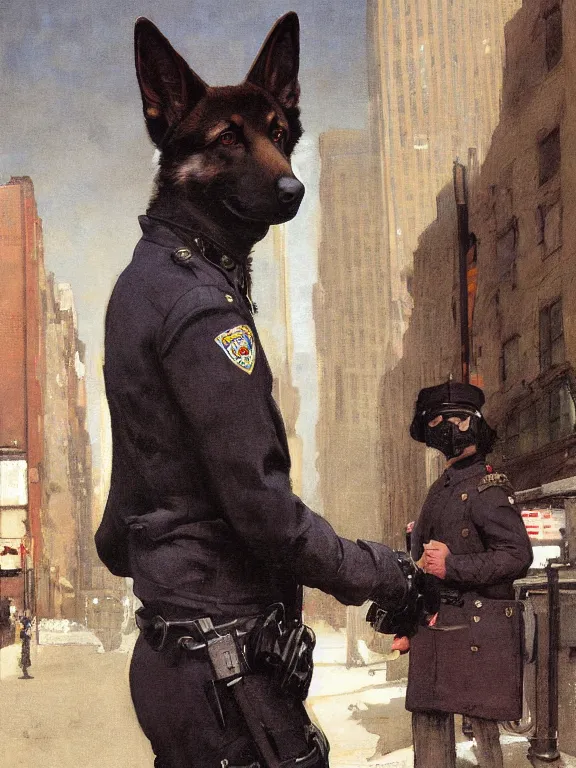 Image similar to new york city portrait of furry anthro anthropomorphic german shepard head animal person fursona wearing clothes nypd traditional police uniform in the alley, sunny day, digital art by Nerdrum John, William Waterhouse, Winslow Homer, Alex Heywood, Jordan Grimmer, Darren Quach, Greg Rutkowski, Simon Stalenhag, trending on Artstation, CGSociety