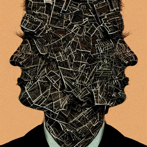 Image similar to face shredded like paper news, dark, surreal, illustration, by ally burke
