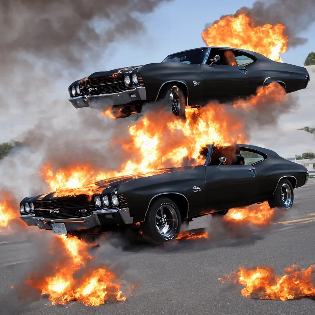 Prompt: a black 1 9 7 0 chevrolet chevelle ss driving i high speed, fire explosion in the background, action scen