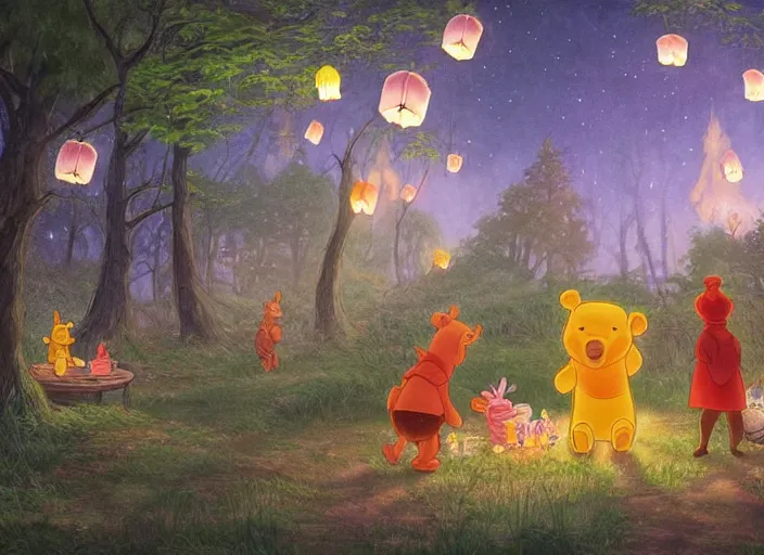 Image similar to concept art of a birthday party in the woods at night with winnie the pooh characters, paper lanterns and fairy lights, detailed, realistic, cel shaded, in the style of makoto shinkai and moebius and peter mohrbacher and james gurney