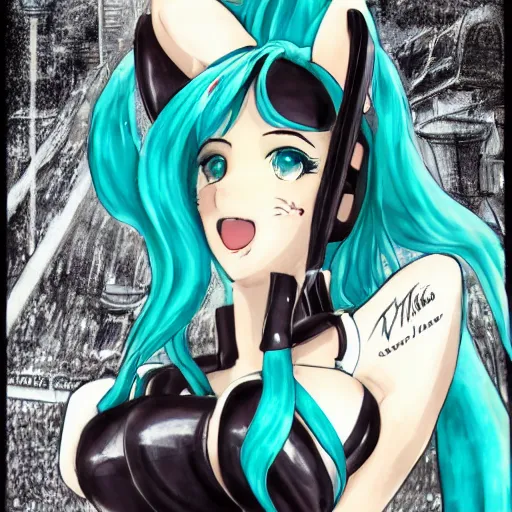 Image similar to Hatsune Miku full body pin up modeling in idol unioform, with a park in the back ground, post war style, detailed face, watercolor art style, by Gil Elvgren