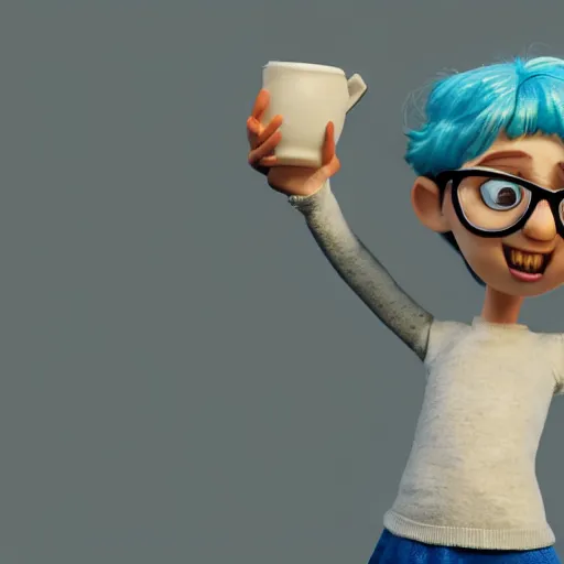 Prompt: aardman character design, 1 0 year old girl with blue hair and glasses, short depth of field, octane render, global illumination,