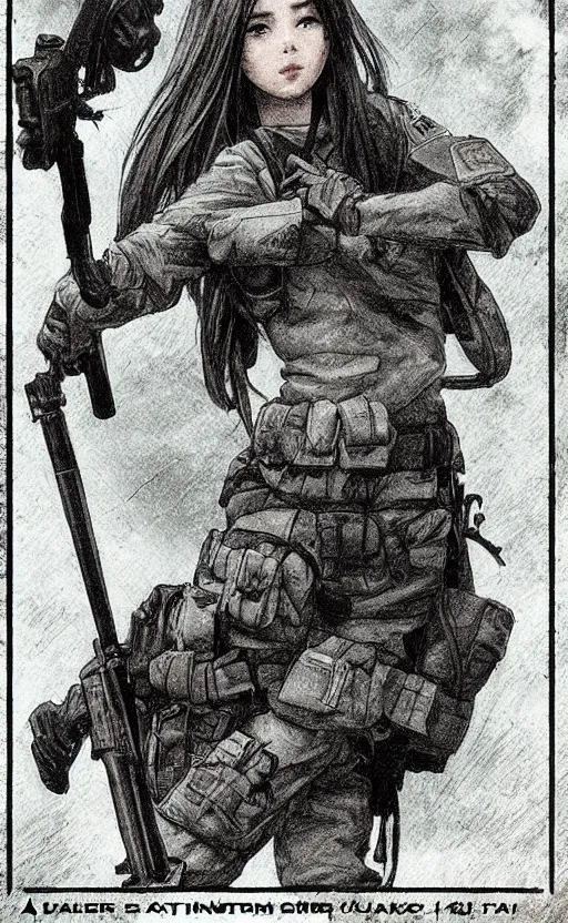Prompt: soldier girl, in smoke and dirt, trading card front, anime style, soldier clothing, hair down, symmetrical facial features, symmetrical body features, hyper realistic, pale skin, 4k, rule of thirds, extreme detail, detailed drawing, trending artstation, hd, fantasy, D&D, realistic lighting, by Alphonse Mucha, Greg Rutkowski, sharp focus, backlit