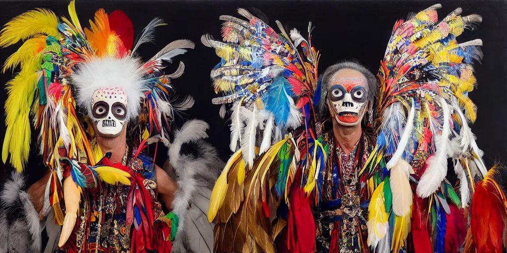 Image similar to ney matogrosso with paint on face, feathers, leather, lace, gold wings on head, tibetan skeleton dancer, painting by gottfried helnwein, leonora carrington