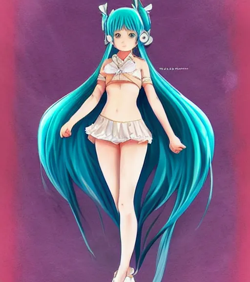 Image similar to Anime art of beautiful Hatsune miku with beautifel legs by artgerm, rossdraws, magali villeneuve, Gil Elvgren, Alberto Vargas, Earl Moran, Art Frahm, Enoch Bolles, symmetrical shoulders