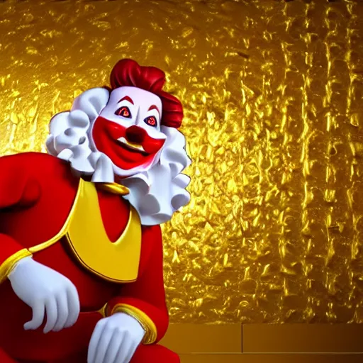 Image similar to A still of Ronald McDonald surrounded by gold and diamonds, Award-winning, photograph, 3d render, unreal engine, 4k detailed