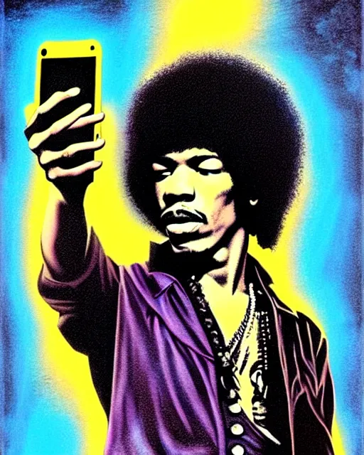 Image similar to grunge rock jimi hendrix taking a selfie with his iphone, instagram, tiktok, postmodern surrealist concert poster, grainy poster art, hand drawn matte painting by lynd ward and gary houston, smooth, sharp focus, extremely detailed, 3 5 mm.
