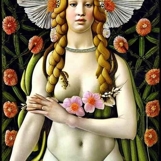 Image similar to jennifer lawrence as the goddess of spring, elegant portrait by sandro botticelli, detailed, symmetrical, intricate