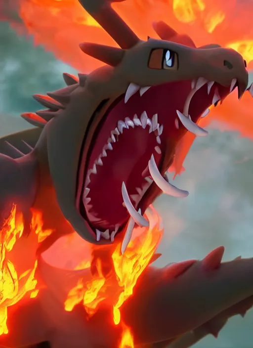 Image similar to pokemon charizard screaming fire coming out of mouth, epic scene, highly detailed, high quality, 8 k, 4 k, octane render, digital painting