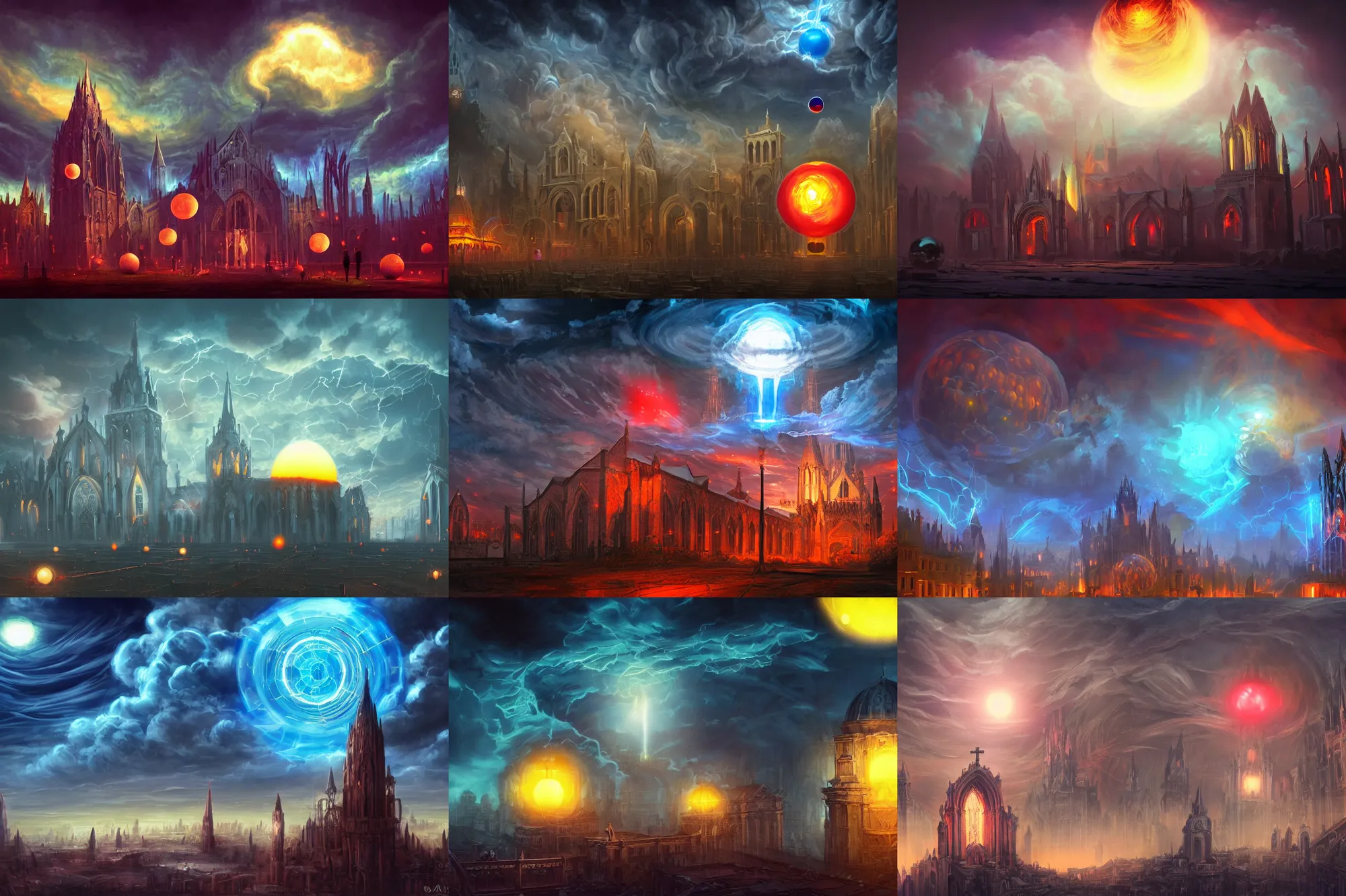 Prompt: old cathedral, glowing balls, tornado, clouds, surrealism, dark atmosphere, blue color, dark red color, glowing orbs, glowing lights, surreal, infographic, epic fantasy, digital art, concept art, detailed illustration, hd, 4 k, highly saturated colors, digital art, mike franchina, trending on artstation