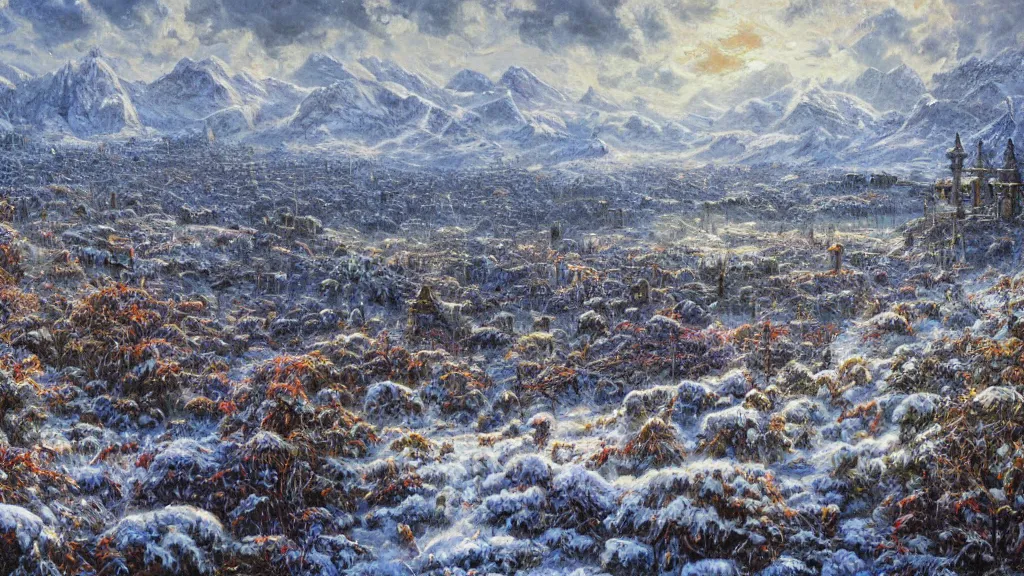 Prompt: a highly detailed, realistic oil painting of Hyrule Field in Winter, snow, intricate, 8k highly professionally detailed, HDR
