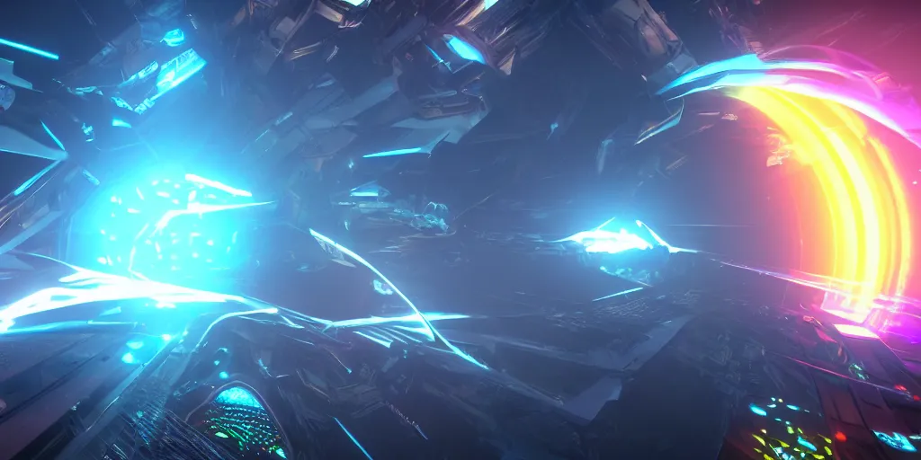 Image similar to screenshot of the videogame tempest, vector, axure sky, neon glow, lens flare, 8 k, unreal engine