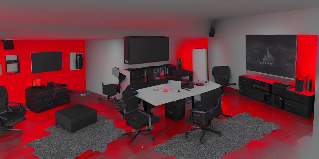 Prompt: black and red room gaming setup 3 d model, unreal engine, 8 k, lots of detail