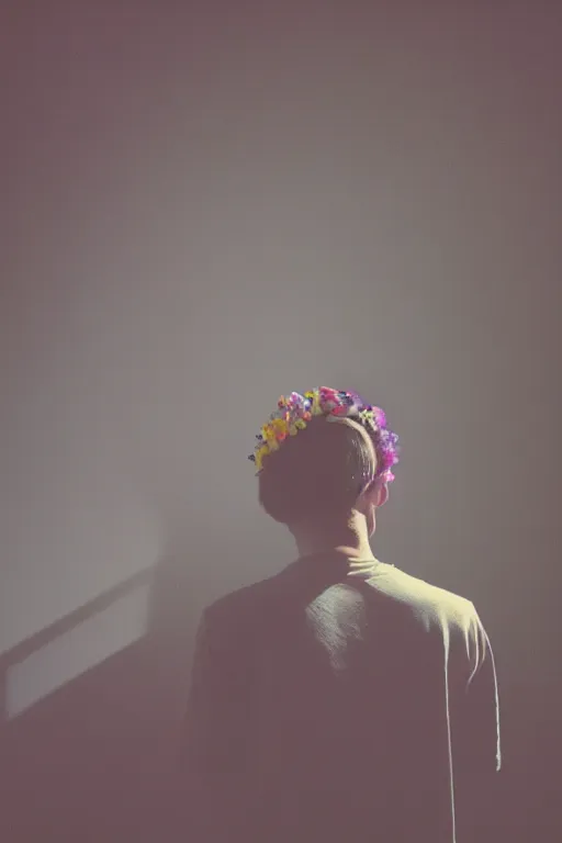 Image similar to kodak portra 4 0 0 photograph of a skinny guy looking into a otherworldly portal, flower crown, back view, vaporwave colors, grain, moody lighting, moody aesthetic,