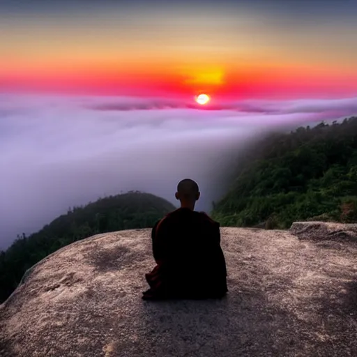 Prompt: a monk training on top of a mountain, fog, Midjourney AI style, sunset, beautiful, artsty