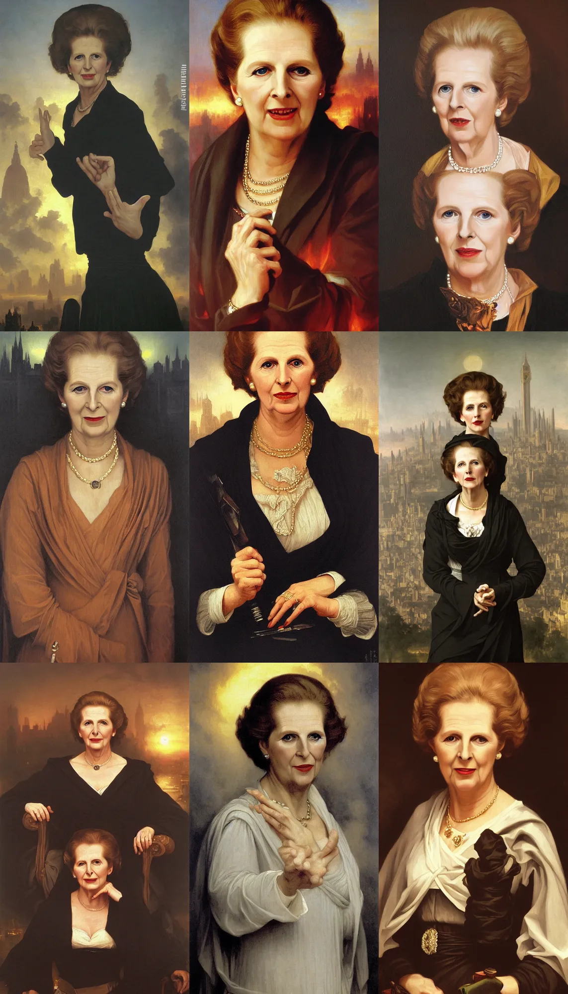 Prompt: portrait of evil margaret thatcher!!!!!!!!!!!!!!!!!!!!!!!!!!!, detailed face, detailed painting, city on fire background, epic lighting, by bouguereau