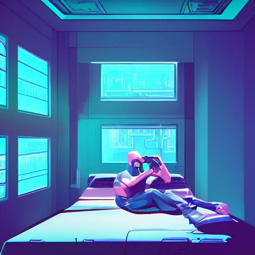 Image similar to a guy sitting on a bed in a room, cyberpunk art by Victor Mosquera, behance contest winner, panfuturism, darksynth, synthwave, retrowave