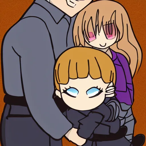 Image similar to a chibi mum with a chibi dad hugging their chibi daugher