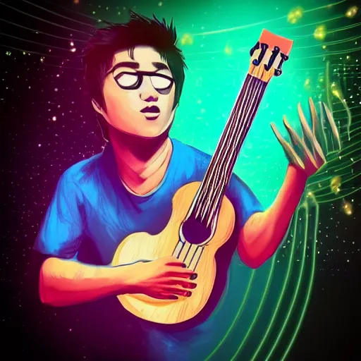 Image similar to a Jake Shimabakuro ukelele guitarist playing so intensely there is electricity shooting out from his guitar, energy beams under his finger tips, and magic sparkles from the freboard, amazing ditial art, trending on artstation, featured on deviantart