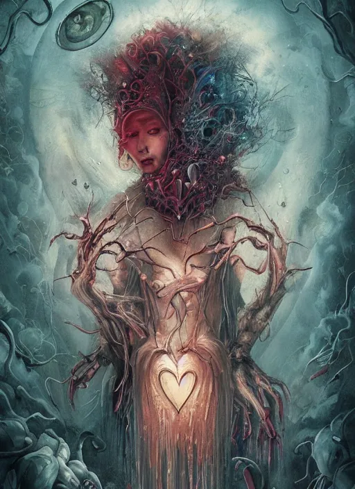 Prompt: the knave of hearts, death tarot card, highly detailed, cinematic, 8 k, by megan duncanson, benjamin lacombe, adrian borda, stanley artgermm, tom bagshaw, craig mullins, carne griffiths, ayami kojima, beksinski, giger, trending on deviantart, hyper detailed, horror, full of colour