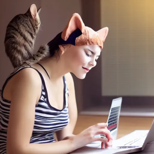 Image similar to cute woman wearing tank top and cat ears plays on computer