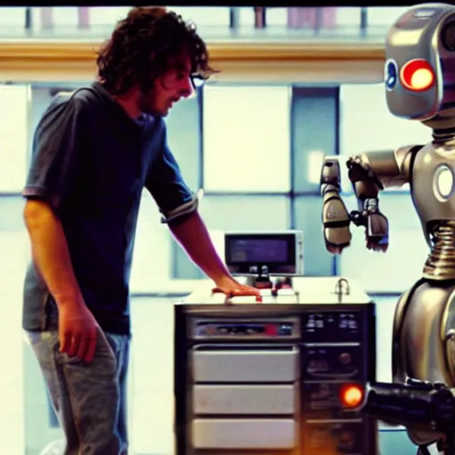 Image similar to movie still of a man and a robot in a moment of jealousy, movie by edgar wright