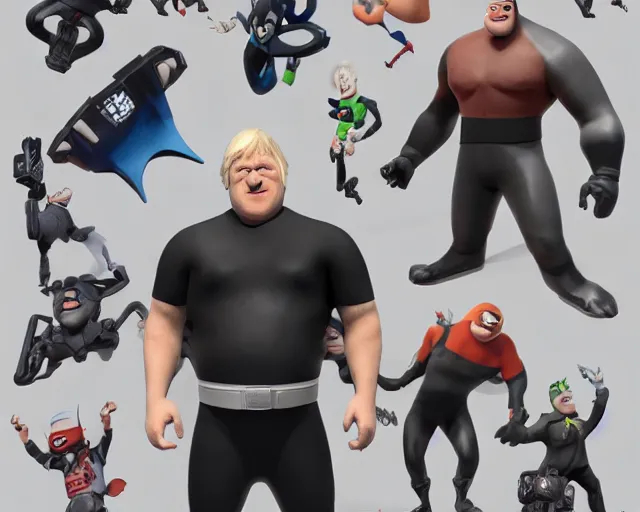 Image similar to boris johnson as mr incredible, character art, by various concept artists, redshift render, hyperrealistic face, photorealistic render