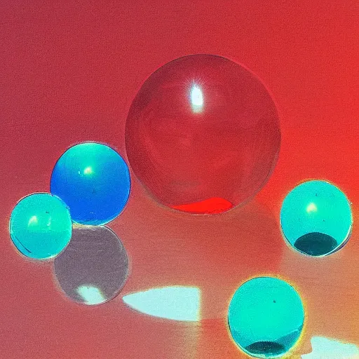 Prompt: glass spheres on a red cube, refraction