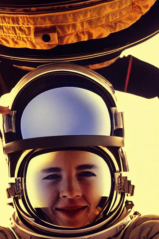 Image similar to extremely detailed studio portrait of space astronaut taking a selfie, holds a smart phone in one hand, phone!! held up to visor, reflection of phone in visor, moon, extreme close shot, soft light, golden glow, award winning photo by herb ritts