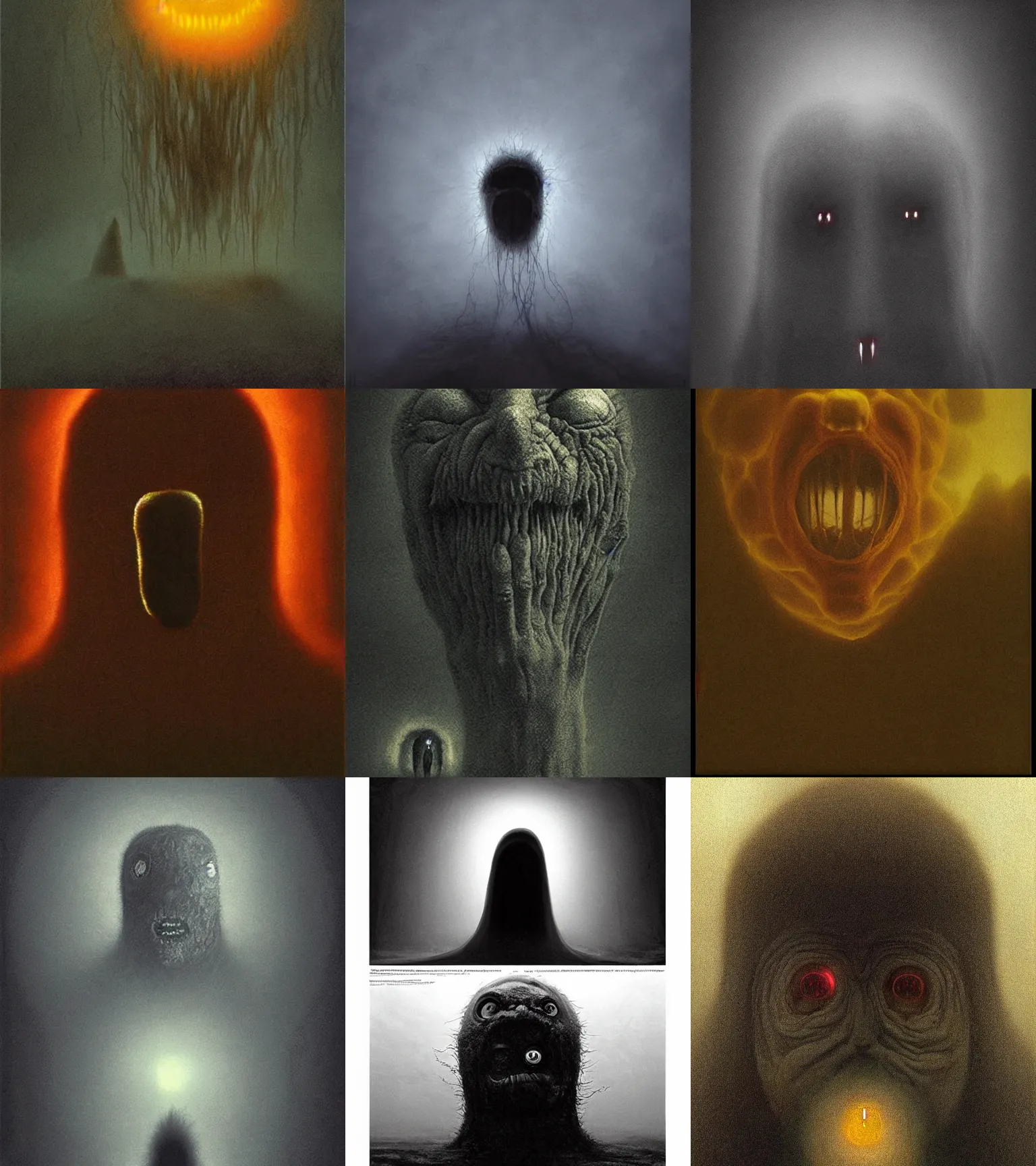 Prompt: idiotic creature. faceless fleshy fluffy translucent spiritual shadowy entity guy face thing. big mouth yelling approaching eerie bad, selfie, zdislaw beksinski, glowing eyes