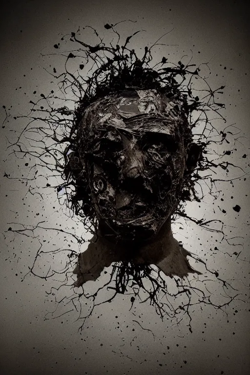 Image similar to a dark high quality studio portrait of an exploding human head made from antique newspaper, intricate, morbid, dark cinematic lighting, surreal photography, style by ashley wood