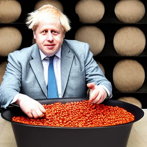 Image similar to Boris Johnson sitting in a bathtub full of baked beans, photograph