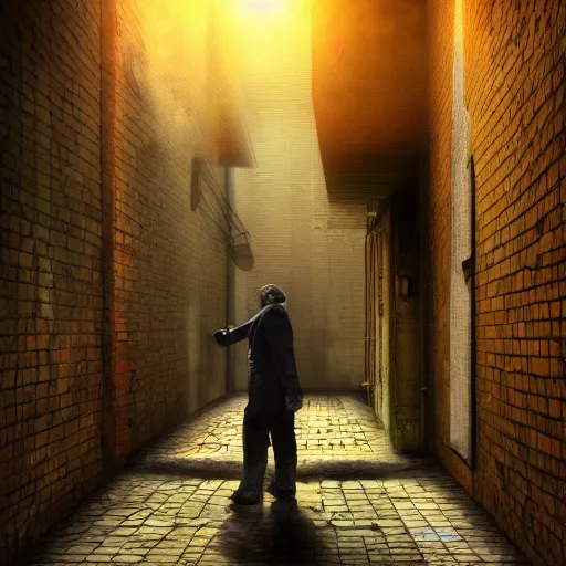 Prompt: a man finding a secret portal in an alley, highly detailed, digital art, 8k, cinematic lighting