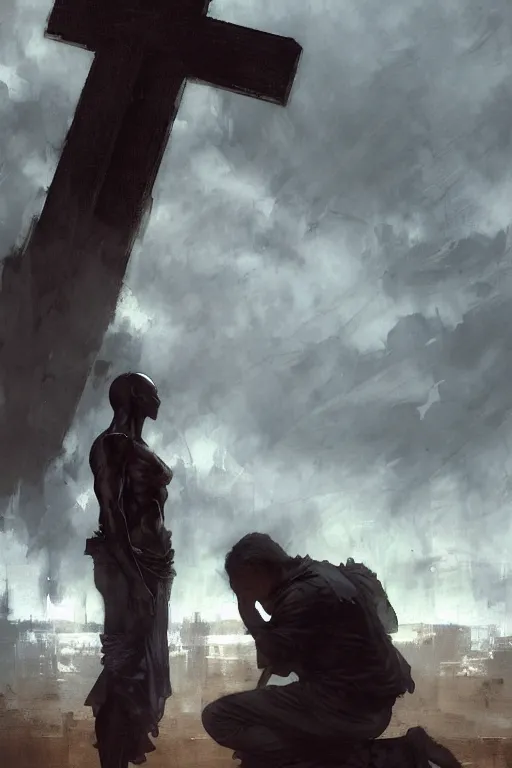 Image similar to man kneeling at the foot of a wooden cross, dramatic lighting art by Yoji Shinkawa by Richard Schmid by greg rutkowski by Sandra Chevrier by Jeremy Lipking cinematic dramatic, by frank miller, illustration by Ruan Jia and Mandy Jurgens and William-Adolphe Bouguereau, Artgerm, 4k, digital art, surreal, space dandy style, highly detailed, godsend, artstation, digital painting, concept art, smooth, sharp focus, illustration by Ruan Jia and Mandy Jurgens and William-Adolphe Bouguereau, Artgerm