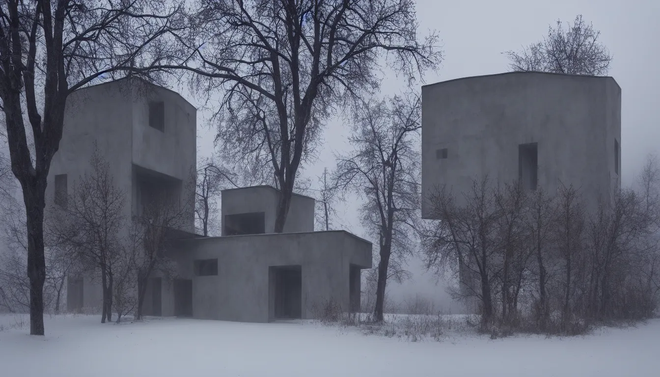 Prompt: russian style concrete house, abandoned, lifeless, winter, foggy blizzard, atmospheric, mystical, very detailed 4 k