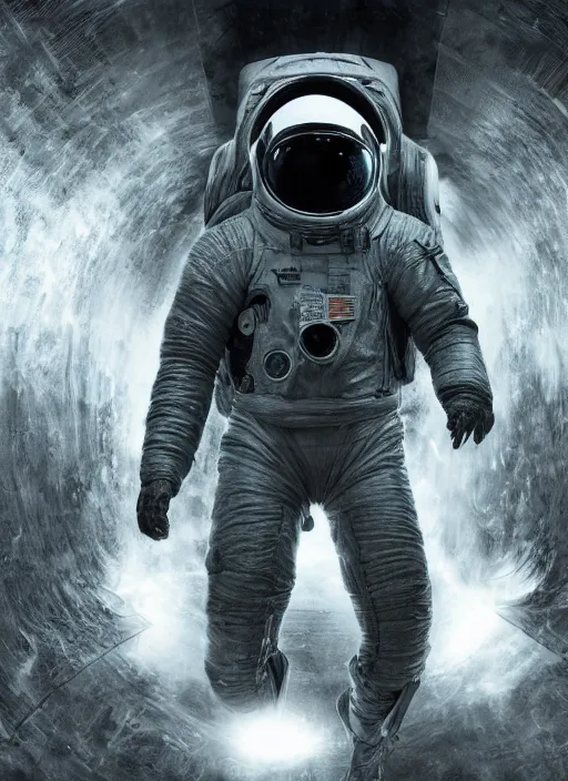 Image similar to infrared concept art by craig mullins astronaut holds a black hole in his hands in futuristic dark and empty spaceship underwater. complex and hyperdetailed technical suit. mandelbulb fractal. reflection and dispersion materials. rays and dispersion of light. volumetric light. 5 0 mm, f / 3 2. noise film photo. flash photography. octane render. interstellar movie art