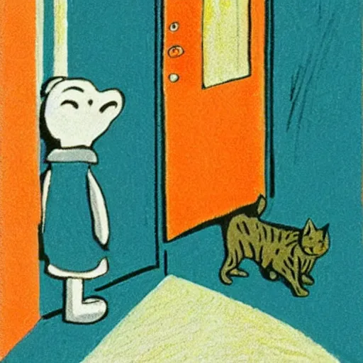 Prompt: by tove jansson, an orange cat crossing in front of a dim doorway, comic